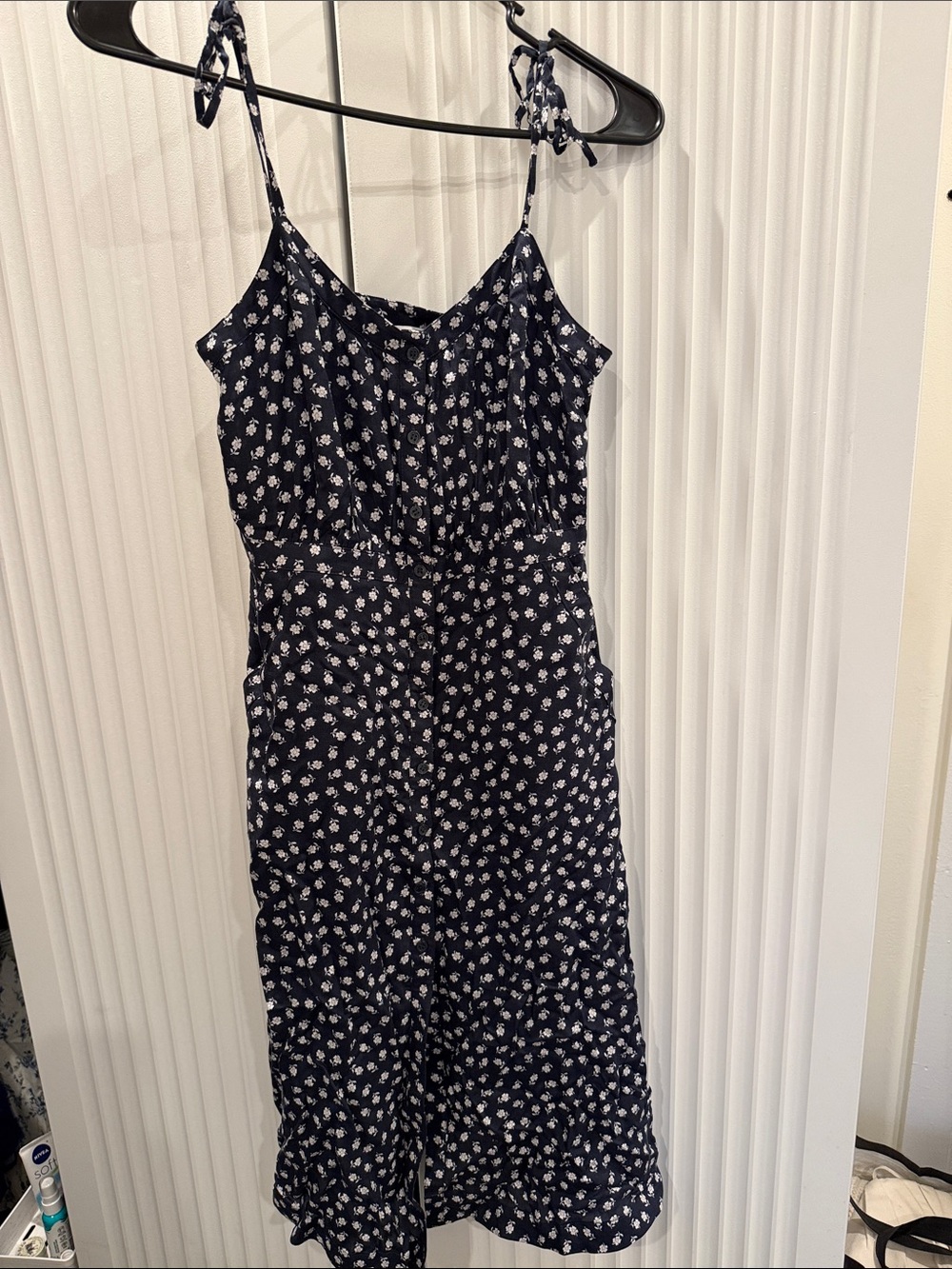 & Other Stories Navy Floral Tie-Strap Midi Sundress